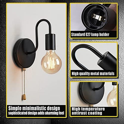 Lightess 2Pcs Wall Light with Switch Pull Cord Wall Lights E27 Socket, Retro Metal Iron Wall Sconces Industrial Wall Lamp for Bedroom Living Room Hallway (No Bulb, Black)