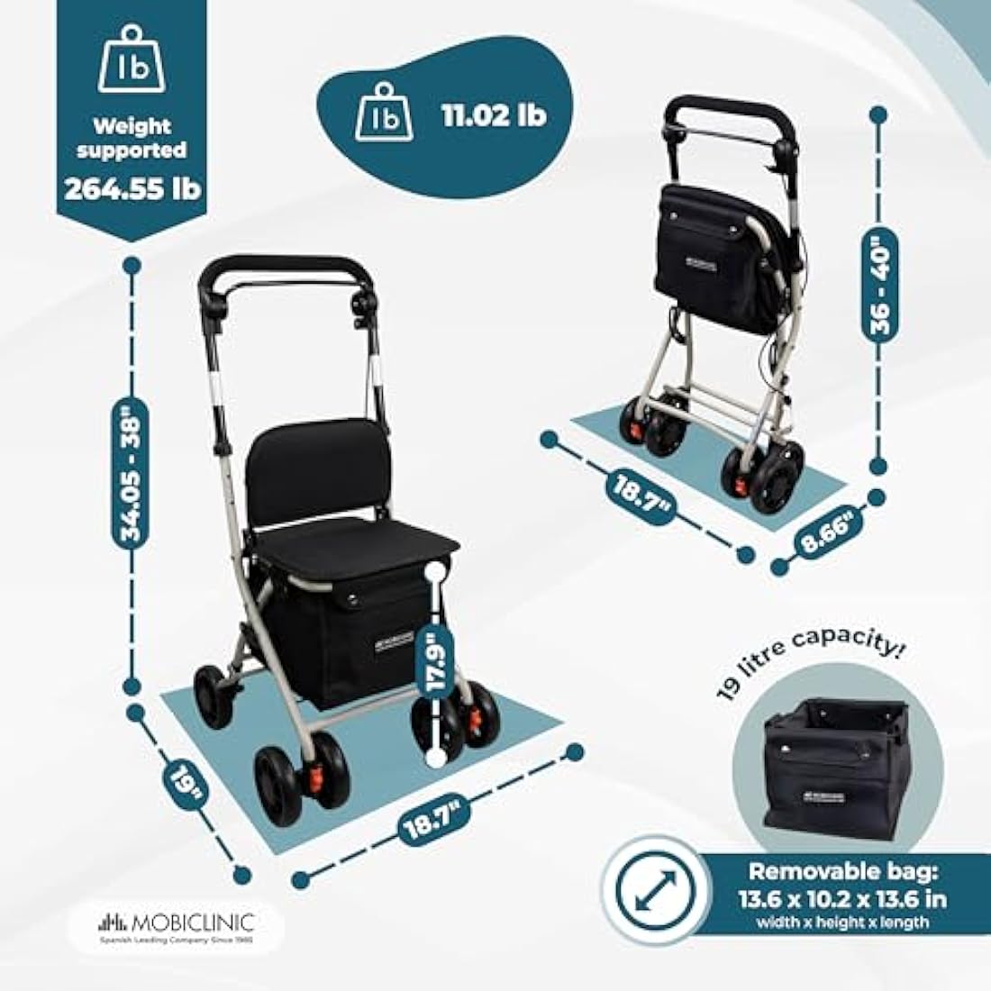 Mobiclinic®, Shopping Trolley with Seat, Mobility Walker, 21L, Coliseo, Walker for Adults, Foldable, Rollator, Trolley with Backrest, Shopping Trolley on Wheels, Bag Removable, Directional Locking