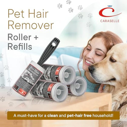 CARASELLE Pet Hair Remover Roller packed with Refills - 7.5 metres of Super Adhesive sheets - Picks up Lint, Hair & Debris! Multi-Purpose Dog Cat Hair Lint Roller (pack of 2 rollers + 7 refills)