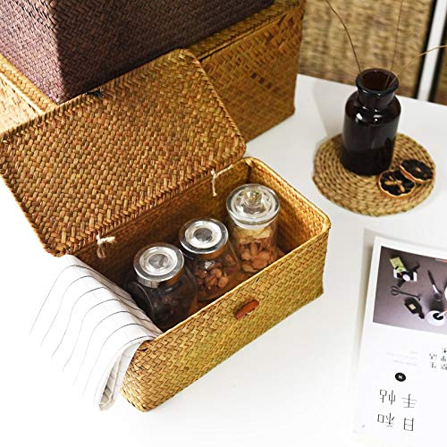 Seagrass Storage Baskets with Lid Natural Rattan Woven Rectangular Organizer Box (Small 26cmx14cmx11cm H)