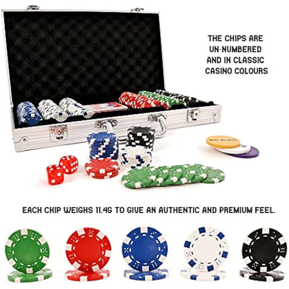 M.Y Texas Hold'em Poker Set - 300 Piece Set in Aluminium Case with 11.5g Heavyweight Poker Chips 2 Decks of Playing Cards Dealer Big Blind and Small Blind Buttons and 5 Dice