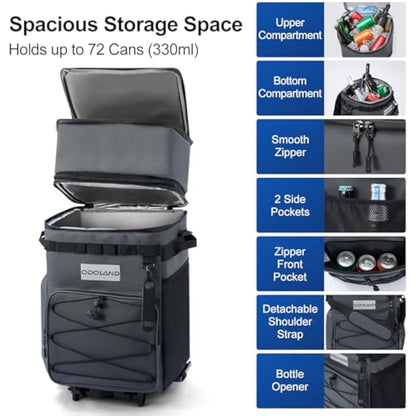 Odoland Cooler Box on Wheels, Leakproof Insulated Soft Rolling Cooler Bag with Stable All Terrain Cart and Handle Collapsible for Camping Beach Fishing Picnic with 6 Ice Cold Pack