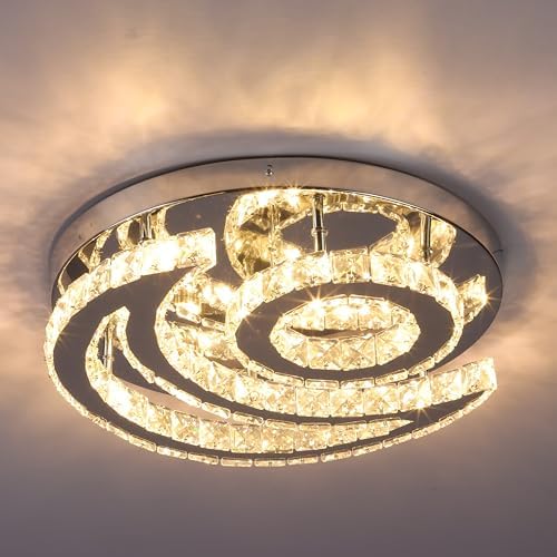 CXGLEAMING 15.7" Modern Crystal Chandelier Dimmable LED Ceiling Light Fittings Flush Mount Pendant Lighting Fixture for Dining Room Bathroom Bedroom Living Room(Remote Control)