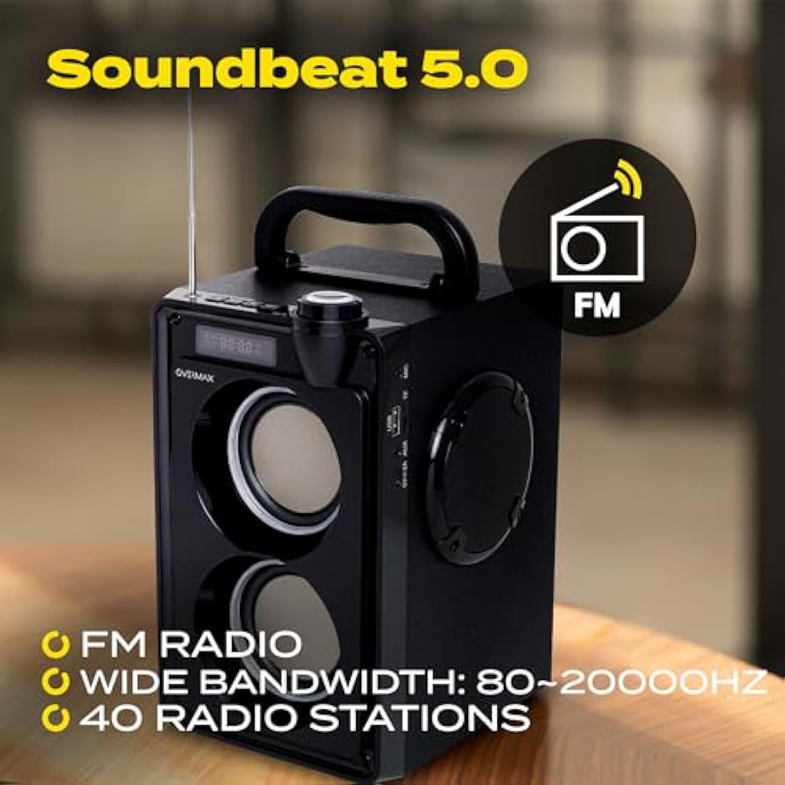 Overmax Soundbeat 5.0 Bluetooth Speaker 20W RMS Crystal Clear Sound, Built-in FM Radio, USB, SD, AUX Playback, LED Lighting, Karaoke Feature, Long-Lasting 3600mAh Battery Up to 9 hrs, Remote Control
