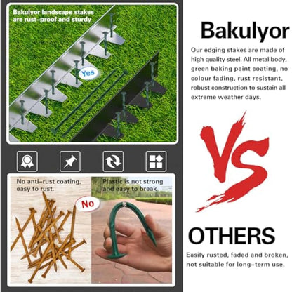Bakulyor 100 Pack Metal Landscape Stakes, 8 Inch Artificial Grass Spikes, 6 Gauge Large Landscaping Staples, Green Edging Anchor Stake for Garden Ground Grass Lawn Paver Timber Border Weed Barrier 8"