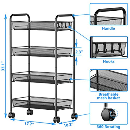 Rolling Cart Storage Trolley - 4 Tier Kitchen Storage Organizer Utility Cart Full Metal Basket Storage Art Trolley Carts with Wheels & 4 Side Hooks (Black)