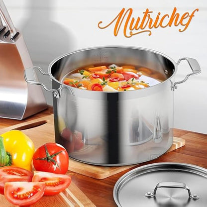 NutriChef 10 litres Stainless Steel Stockpot with Stainless Steel Lid - 18/8 Heavy Duty Large Stock Pot for Stew & Soup, Works w/Induction hub