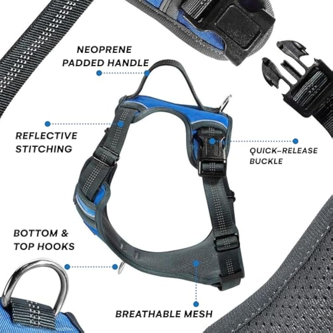 Black Rhino - Comfort Dog Harness with Mesh Padded Vest for Small - Large Breeds | Adjustable, Reflective | 2 Leash Attachments on Chest & Back - Neoprene Padded Training Handle | Large, Blue-Green