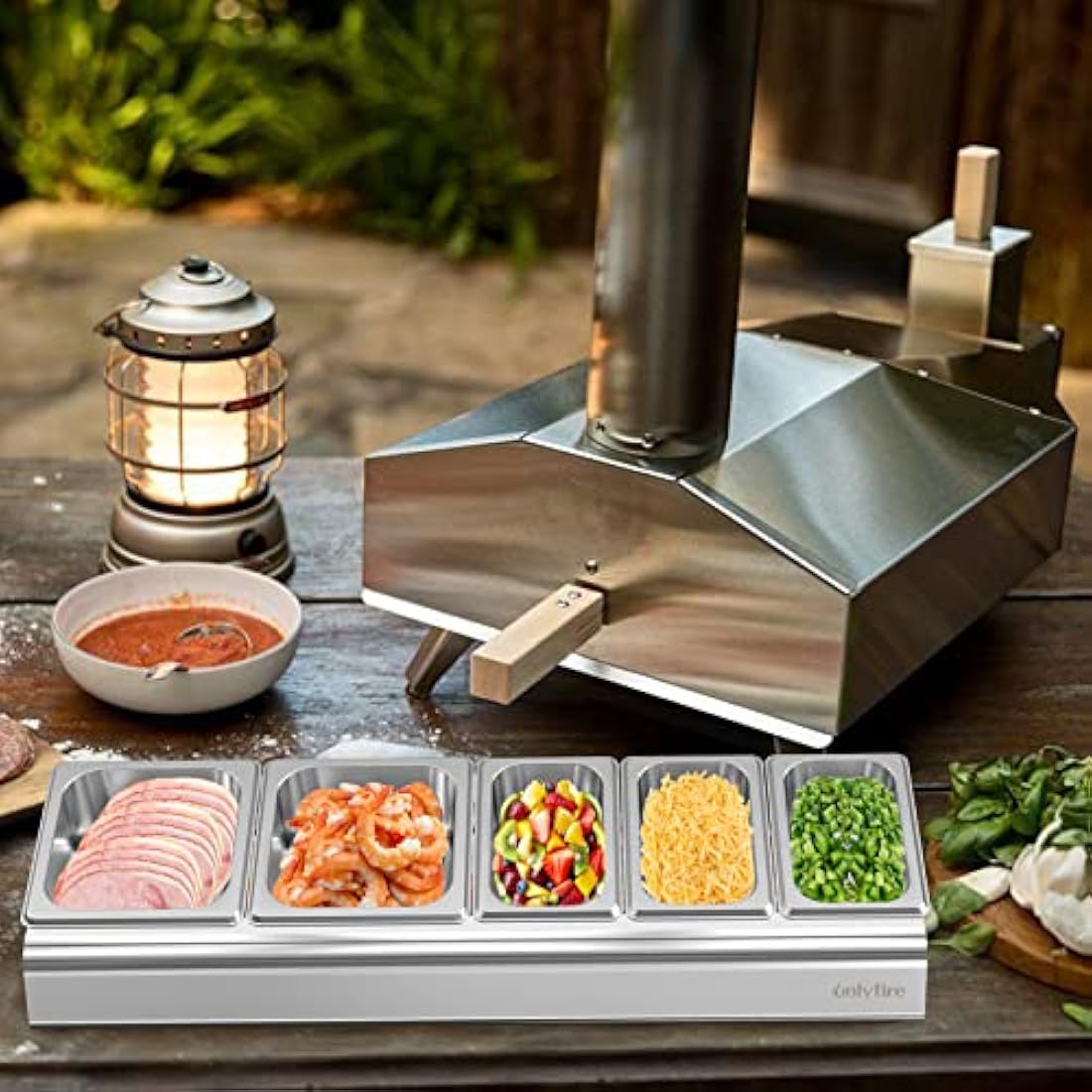 Onlyfire Pizza Topping Station Stainless Steel Seasoning Containers with Lid, 5 Compartment Trays for Preparing Ingredients and Toppings