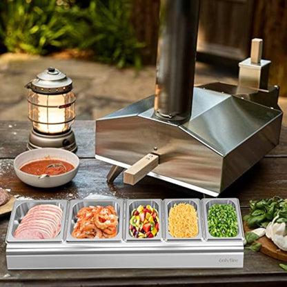 Onlyfire Pizza Topping Station Stainless Steel Seasoning Containers with Lid, 5 Compartment Trays for Preparing Ingredients and Toppings