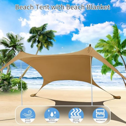 CUUPO 7×7 FT Beach Tent Sun Shelter UPF50+ UV Protection, Outdoor Small Canopy Tent Sun Shade with 2 Poles for Camping, Beach, Fishing, Backyard and Picnics Khaki