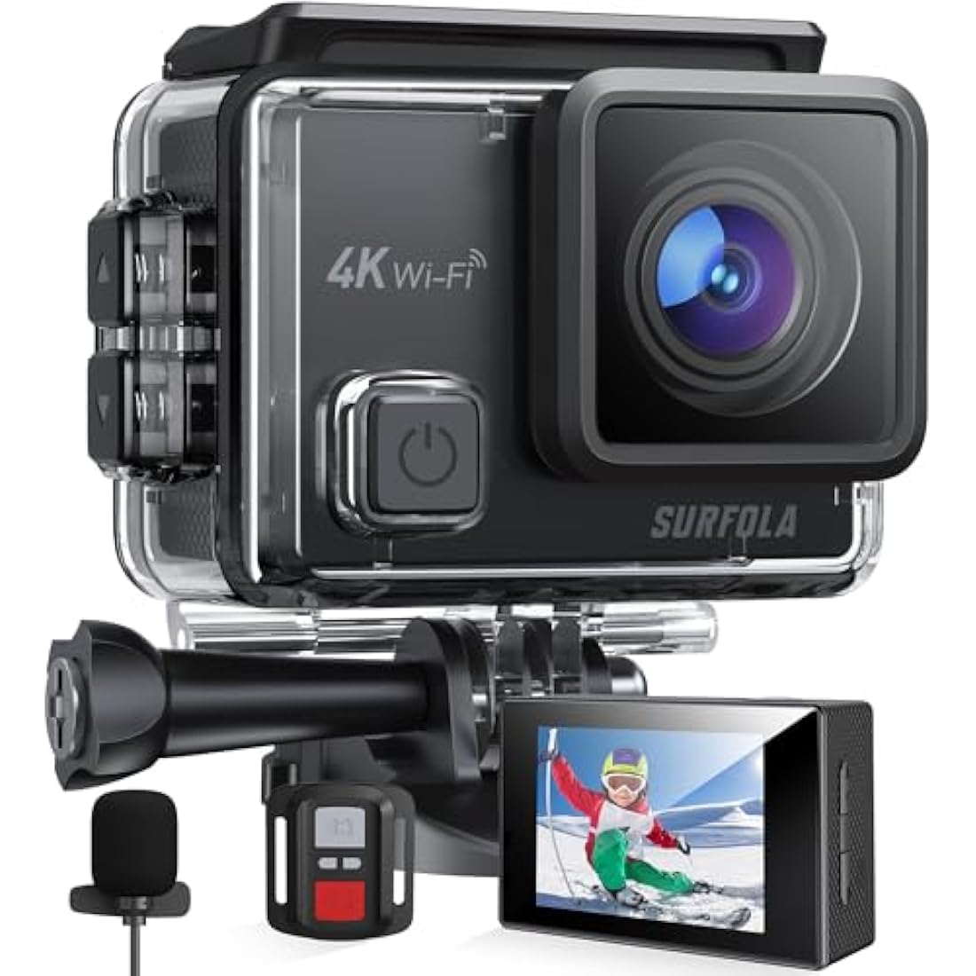 Surfola Action Camera 4K 30fps, Underwater Camera 131ft Waterproof for Snorkeling, 20MP WiFi EIS Camera for Vlogging, External Mic, 2 Rechargeable Batteries, Remote Control, Accessories Kit