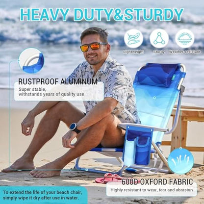 #WEJOY 4-Position Folding Beach Chair - Lightweight Aluminum Camping Chair for Adults, High Back Recliner with Pillow & Storage Pocket, Portable