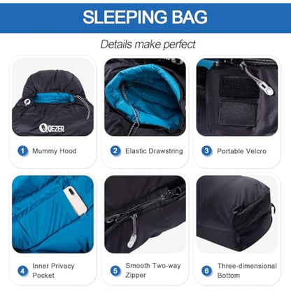 QEZER Down Sleeping Bag 4 Season, Lightweight Winter Sleeping Bag 0 Degree to -12 Degree C for Adults and Kid Camping, Hiking and Backpacking Outdoor Filled 600+FP Down