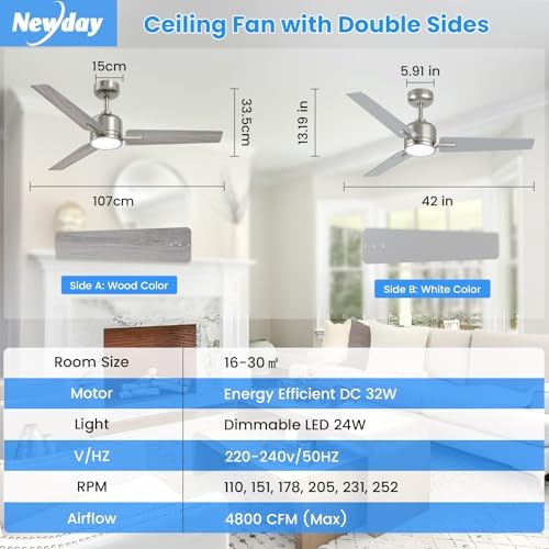 Newday 42inch Silver and Wooden Ceiling Fan with Remote Control, Dimmable LED, Quiet Reversible DC Motor, 6 Speeds, 3 Timer, Memory Function for Bedroom Living Room Basement Kitchen Terrace