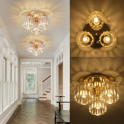 ZYDTRIP Crystal Chandeliers Ceiling Light, 3-Lights Crystal Ceiling Lights Living Room, Modern Gold Semi Flush Light Fittings for Bedroom, Hallway, Bathroom, Foyer, Kitchen Light Fixture