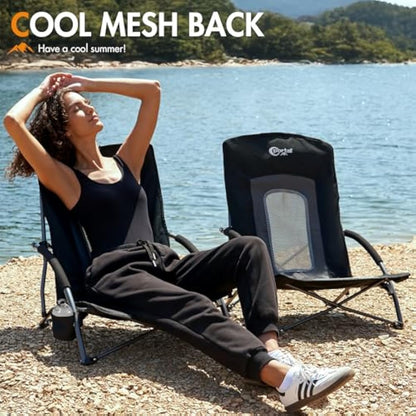 Portal Folding Beach Chairs Low Lightweight Portable for Adults Foldable Beach Seat Camping Festival Picnic Deck Chair Outdoor Collapsible with Cupholder Mesh Back Padded Armrests Supports 150KG
