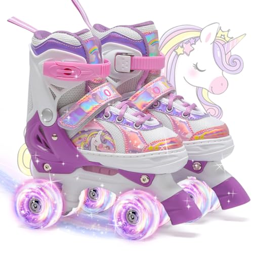 OLYSPM Kids Roller Skates,Roller Boots,4 Sizes Adjustable Quad Skates with 8 Flashing Wheels,Roller Skates for Girls,Boys and Beginner(Purple)
