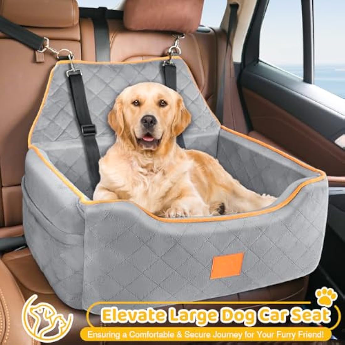 GL GLENSLAVE Dog Car Seat for Large/Medium Dogs, Dog Booster Seat for Pet Under 55Lbs or 2 Small, Detachable and Washable Travel Pet Bed with Thick Cushion and Storage Pockets (Grey)