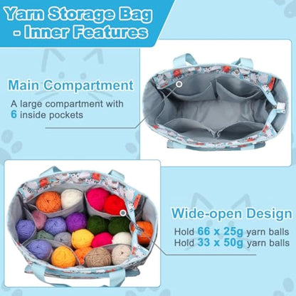 Aeelkie Knitting Bag Large, Crochet Bag Yarn Storage Bag, Craft Bag with Compartments, Portable Knitting Storage Organiser Tote Bag for Carrying Projects, Wool, Knitting & Crochet Tools, Cute Blue Cat
