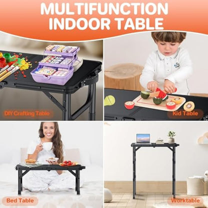 FUNYKICH 2ft Small Folding Camping Table, 3 Height Adjustable Portable Picnic Table, Lightweight Aluminum Outdoor Tables with Carry Handle for Camping, Picnic, BBQ, 58x40cm(L22.8 xW15.7), Black