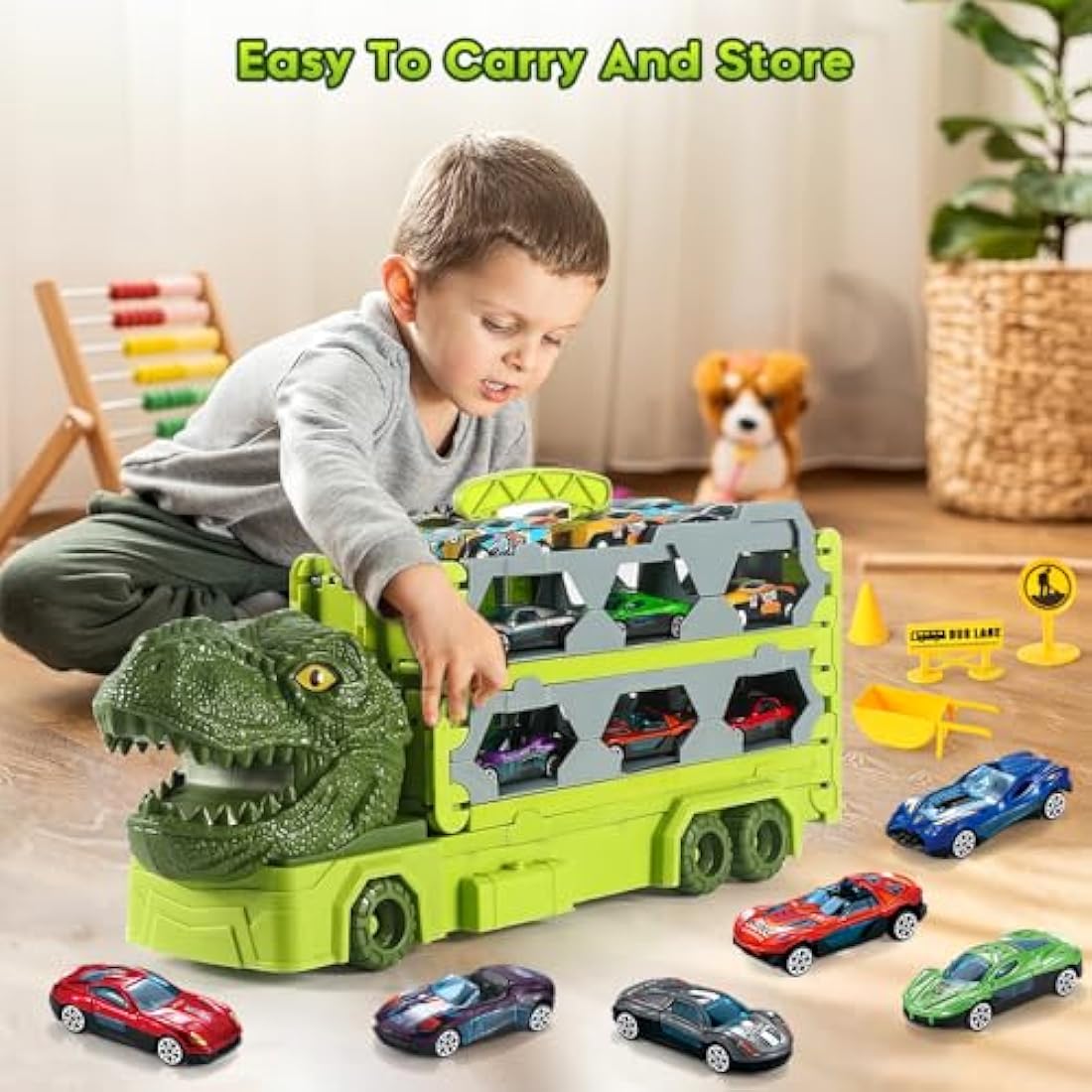 VATOS Transport Truck Toys for Boys Ages 3-8, Portable Dinosaur Race Track With 6 Cars Carrier Vehicle Set for Kids