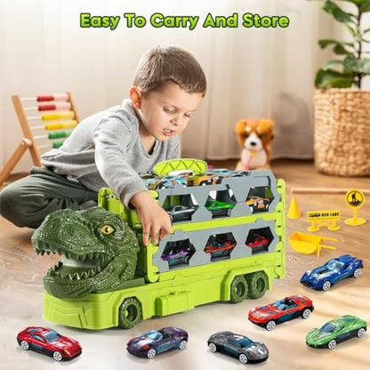VATOS Transport Truck Toys for Boys Ages 3-8, Portable Dinosaur Race Track With 6 Cars Carrier Vehicle Set for Kids