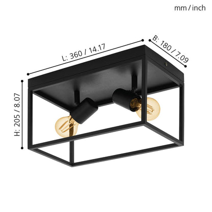 Eglo Silentina 2-Buld Flush Ceiling Light, Industrial Design Living Room, Kitchen and Hallway Ceiling Spotlight, Black Steel Pendant Lighting