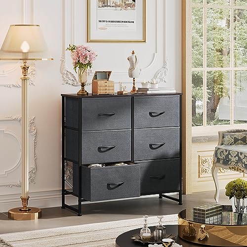 WLIVE Chest of Drawers, 6 Fabric Drawers Cabinet with Easy Pull Handle, Wood Top and Sturdy Steel Frame for Bedroom, Living Room, Black Walnut