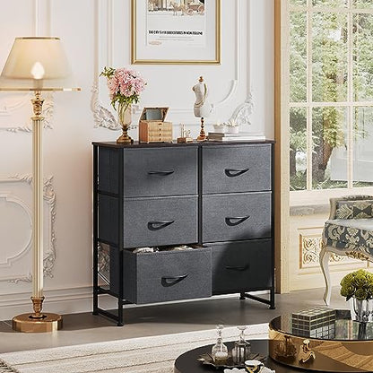 WLIVE Chest of Drawers, 6 Fabric Drawers Cabinet with Easy Pull Handle, Wood Top and Sturdy Steel Frame for Bedroom, Living Room, Black Walnut