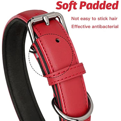 OFHome Dog Collar Leather Red Soft Padded Comfortable Adjustable Strong Pet Collars Best for Small Medium Large Dogs with Heavy Duty Buckle (Red, S)