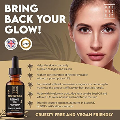 Egyptian Gold Anti Ageing (1%) Retinol Face Serum with Hyaluronic Acid, Vitamin C, Aloe Vera, Vitamin E & Jojoba Seed Oil. High Strength Skin Rejuvenating Formula Suitable for Men & Women - 50ml, UK