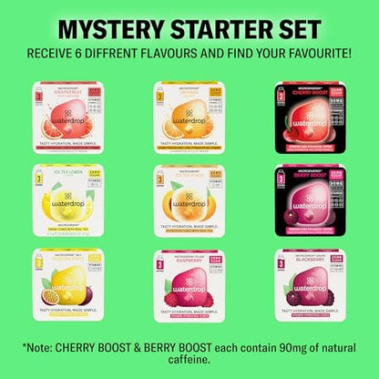 Microdrink waterdrop® Glass Starter Set – 600ml Borosilicate Glass Bottle + 18 Sugar-Free Hydration Cubes in 6 Flavours, Vitamin C & B Infused, BPA Free Water Bottle, Gift Set