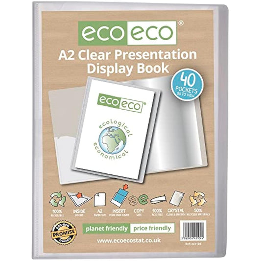 eco-eco A2 Size 50% Recycled 40 Pocket Clear Presentation Display Book, Storage Case Portfolio Art Folder with Plastic Sleeves, eco104
