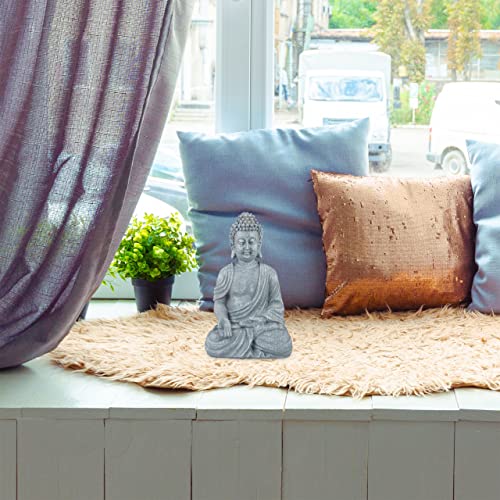 Relaxdays Buddha Ornament Sitting 30 cm high, Garden Decorative Figurine; Weatherproof, Frost-proof, Light Grey