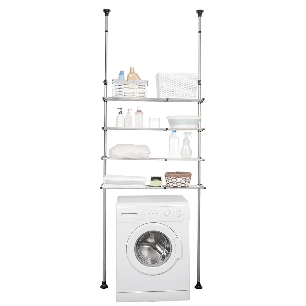 BAOYOUNI 4-Tier Expandable Laundry Shelf Over Toilet Washer Dryer Storage Rack Floor to Ceiling Bathroom Organizer Space Saver Tension Pole for Small