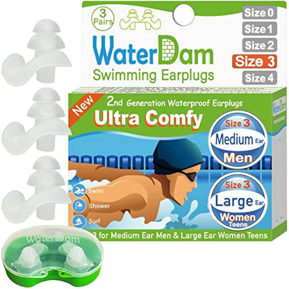 WaterDam Swimming Ear Plugs - Ultra Comfy Waterproof Earplugs Prevent Swimmer's Ear (Medium & Large, Clear)