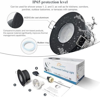 Sweier Waterproof Downlight Black,IP65 Recessed Ceiling Light Warm White 3000K,5W GU10 Downlights for Bathroom Ceiling,430Lumen LED Bathroom Spotlight,Cutout 68mm/2.68in,4 Pack