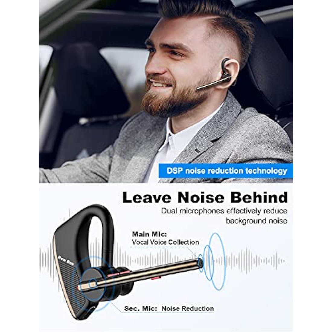 New bee Bluetooth Headset Handsfree Bluetooth Earpiece V5.2 Single Ear Light Weight Earpiece with 24h talking time for iPhone, Android and Laptop