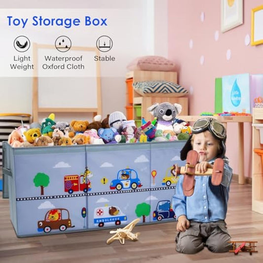 Decalsweet Extra Large Kids Toy Storage Box with Lid,Foldable Oxford Toy Storage Organizer Box for Boys-96×32×40cm-Toy Chest with Handles for Bedroom Nursery,Animal Car