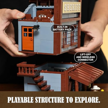 FUNWHOLE Old West Sheriff’s Office Lighting Building Bricks Set - Western Construction Modular Building Blocks Cowboy Wild West Collectible Toy Building Sets 1240 Pcs for Adults and Teen
