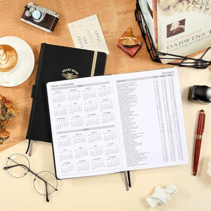 Acadmeic Diary 2025-2026 - A5 Diary 2025-2026 Day Per Page, July 2025 to June 2026, Productivity A5 Daily Planner, with Monthly Tabs, Inner Pocket, Black, Banded, 14.5 X 21 cm
