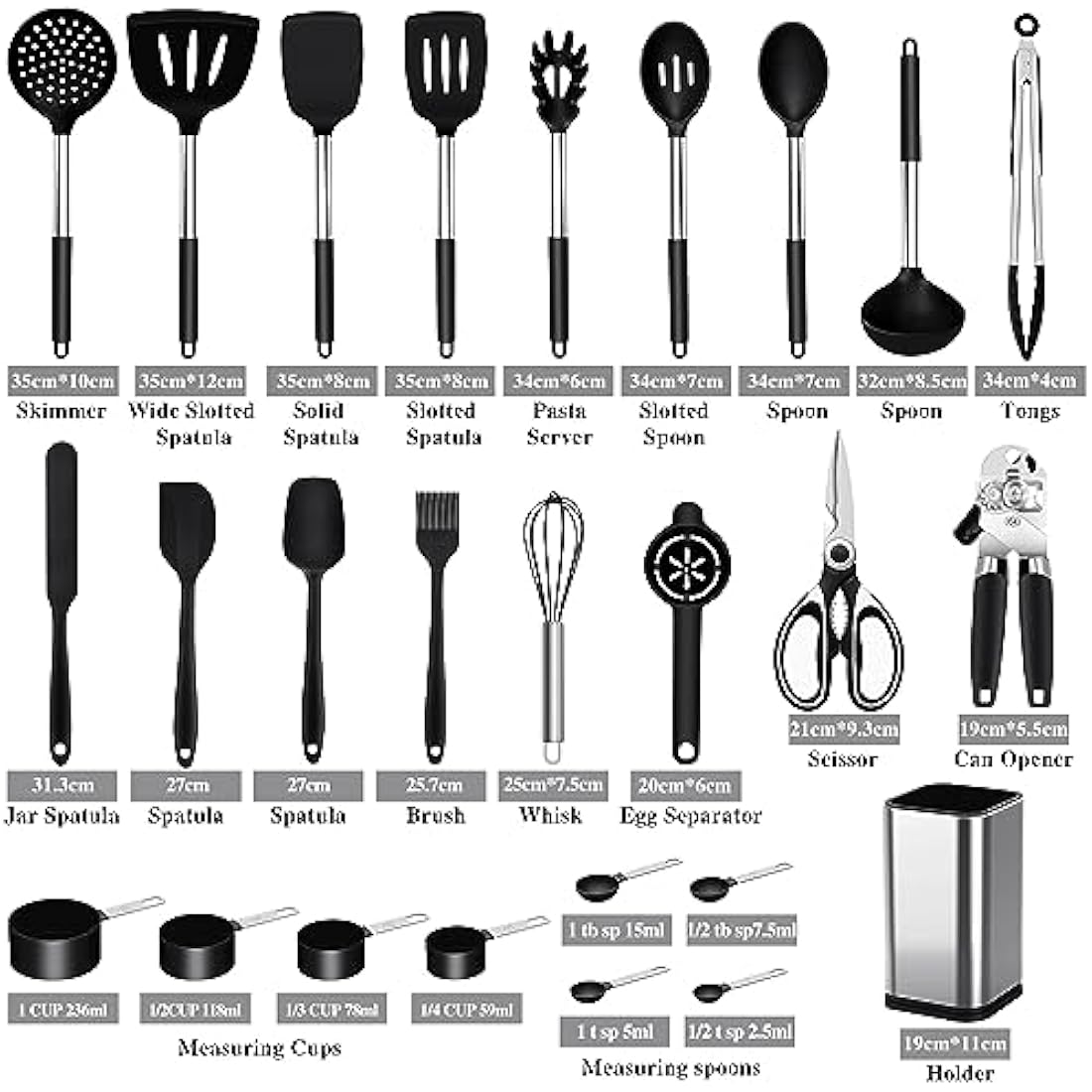 Kitchen Utensils Set, 26 Pack Silicone Cooking Utensils Set with Holder, Silicone Kitchen Utensils, Heat Resistant, Non Stick Spatula Spoon Slotted Spatula Cooking Tools Turner Tongs, Black