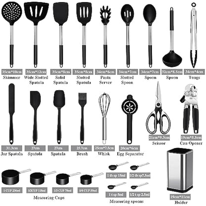 Kitchen Utensils Set, 26 Pack Silicone Cooking Utensils Set with Holder, Silicone Kitchen Utensils, Heat Resistant, Non Stick Spatula Spoon Slotted Spatula Cooking Tools Turner Tongs, Black