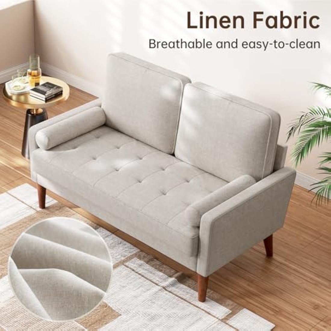 Vesgantti Linen Sofa With Spring Cushion - Small 2 Seater for Living Room, Bedroom, Office - Comfy Couch With Armrests - Modern Love Seat in Ashbeige