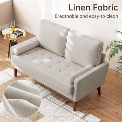 Vesgantti Linen Sofa With Spring Cushion - Small 2 Seater for Living Room, Bedroom, Office - Comfy Couch With Armrests - Modern Love Seat in Ashbeige