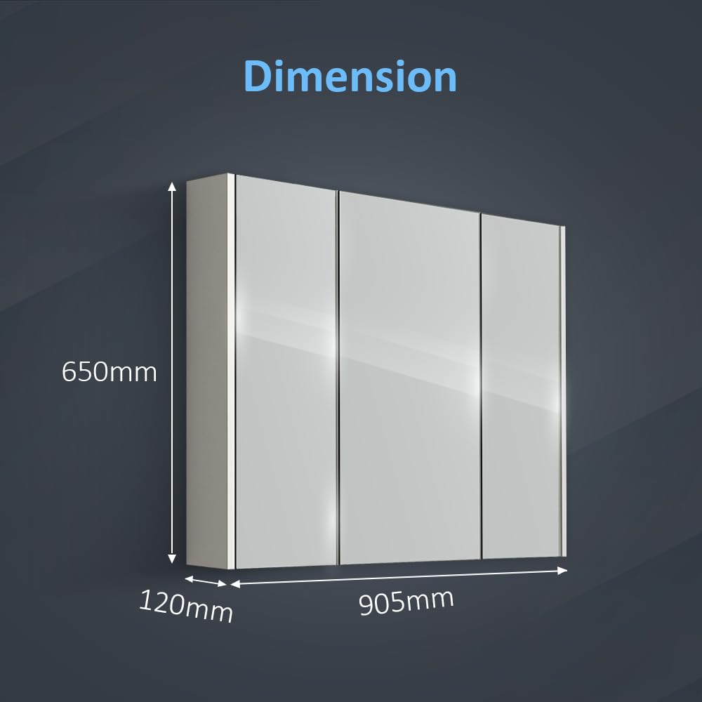 iBathUK Rehaus Wall Mounted Triple Door Mirror, Soft Close Doors with 2 Adjustable Shelves Cabinet, Copper Free Silver Mirror