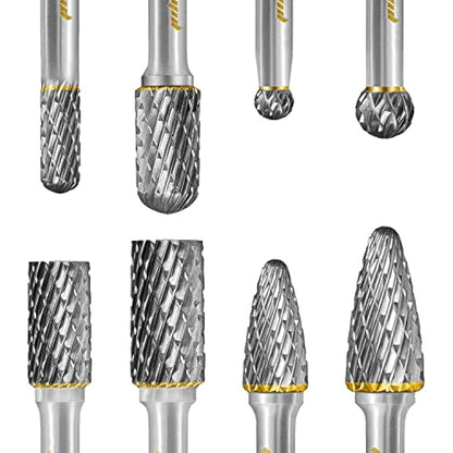 Tungsten Carbide Burr Set 1/4" Shank 8PC Double Cut Rotary Cutting Burrs Die Grinder Bits for Steel and Wood Working, Grinding, Carving, and Engraving