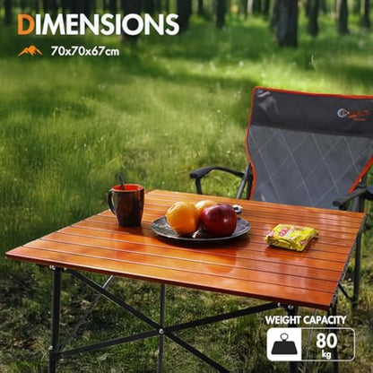 Portal Aluminium Folding Camping Table 70x70cm Square Roll Up Top 4 Person Compact Garden Table with Carry Bag for Picnic Camp Backyard BBQ