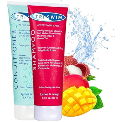 TRISWIM - Chlorine Removal Hair Care Bundle, After Swim Care Shampoo and Moisturizing Conditioner, Anti-Chlorine Hair Protection For Swimmers, Removes Green Tint, Vegan & Cruelty Free (250+250 ml)